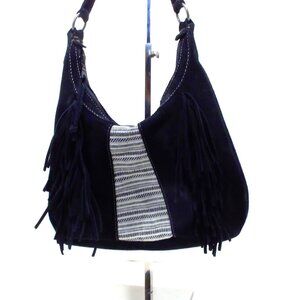 Minnetonka, Black Suede Hobo Bag with Fringes